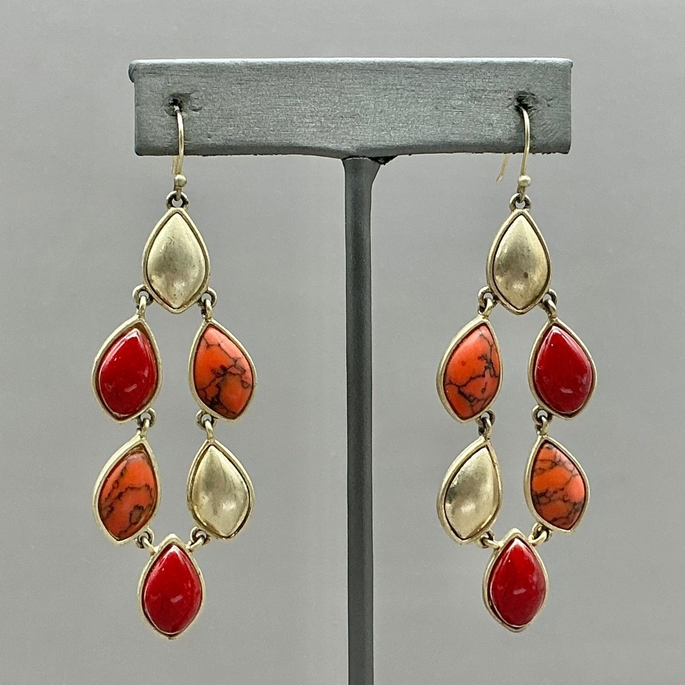 Liz Claiborne Earrings Women Gold tone‎ Red Orange Faux Stone Chandelier 3 Inch